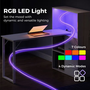 Bureau d'ordinateur 54" avec tiroirs et rangement, prises électriques et éclairage LED, blanc