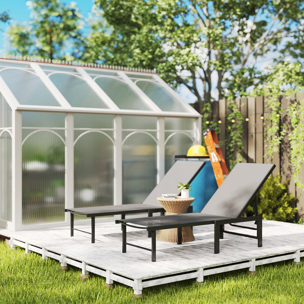 Outdoor Lounge Chair Set of 2, 5-Position Reclining Outdoor Chaise Lounge Tanning Chair with Mesh Seat, Grey