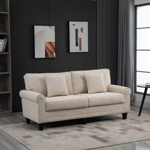 Canapé 3 places moderne tissu velours côtelé, pieds en pin et accoudoirs roulés, beige