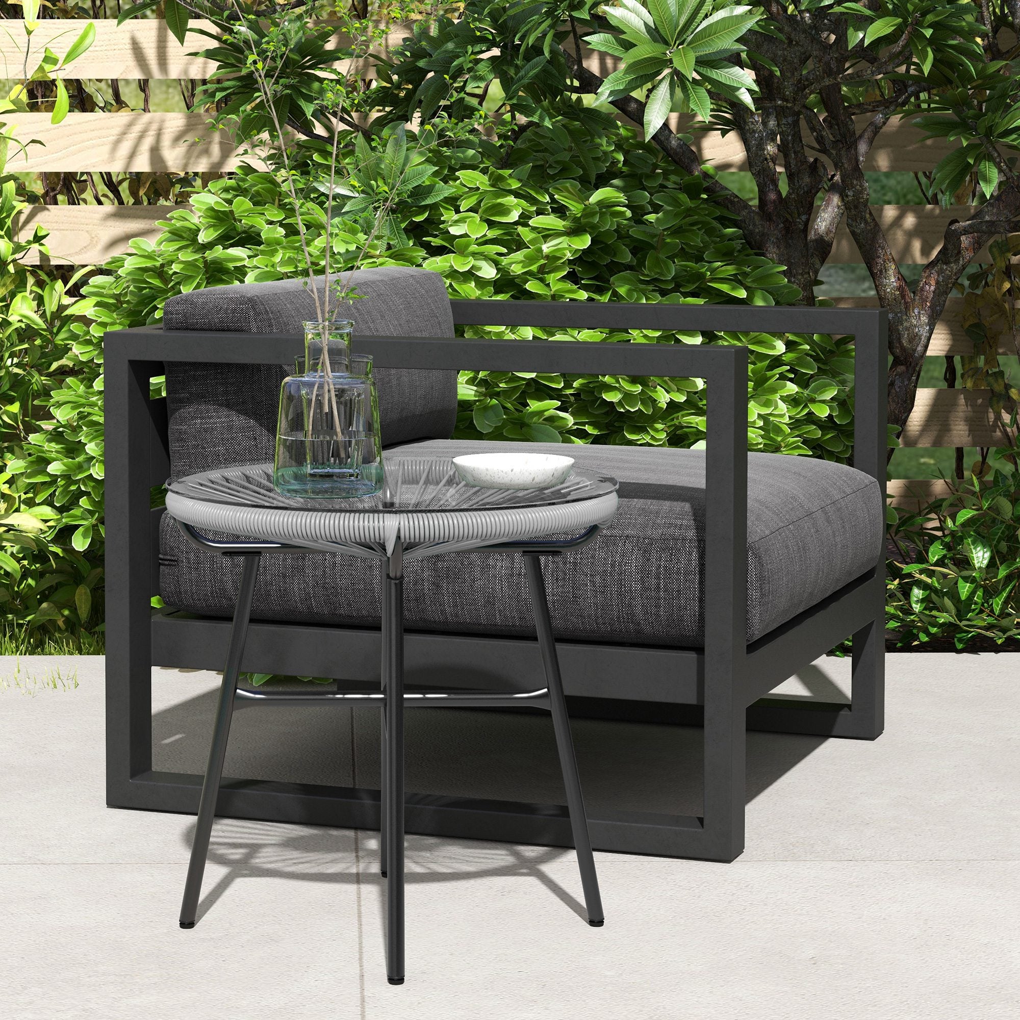 Round rattan side table with tempered glass top, grey