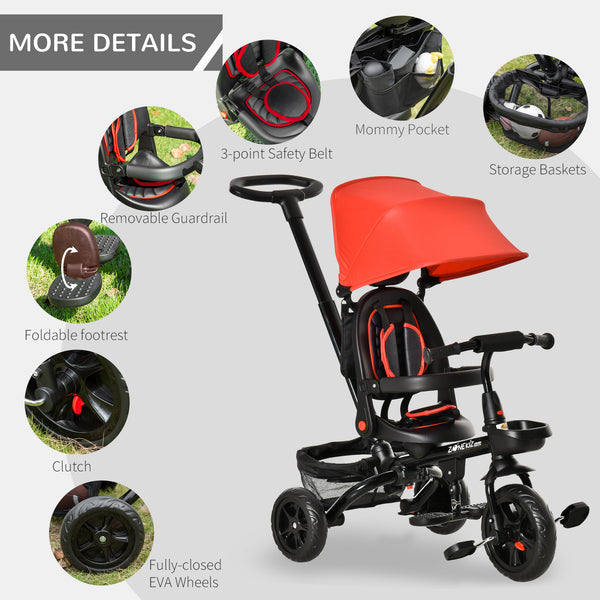 4 in 1 Baby Tricycle with Adjustable Reversible Angle Seat for 1-5 Years Old Kids, Red