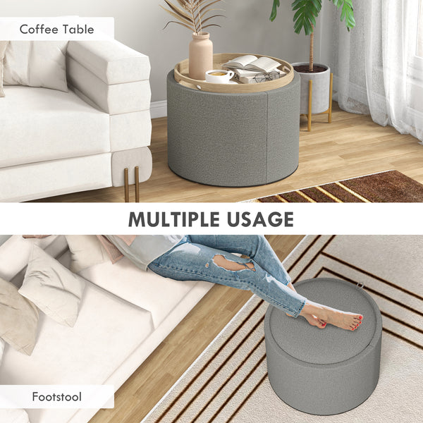 Table basse ronde avec rangement dissimulé et plateau rembourré en lin gris