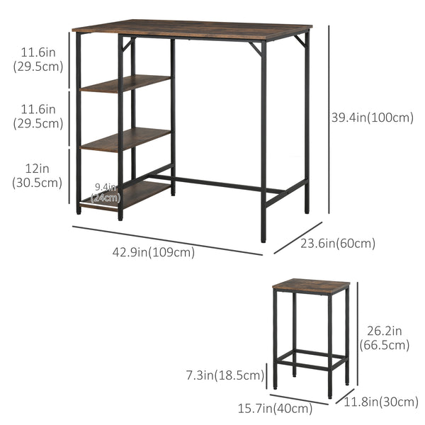 Ensemble table et chaises de cuisine style industriel pour 2 personnes, comprenant une table de bar et des tabourets, marron rustique.