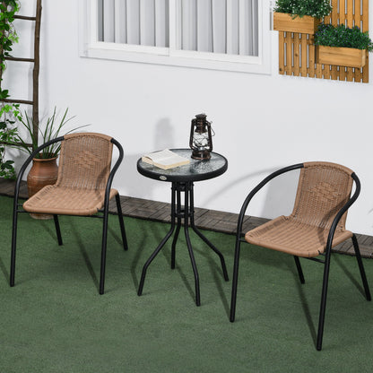 Outsunny 3-Piece Wicker Outdoor Furniture Set with 2 Stacking Chairs and Tempered Glass Coffee Table for Garden Backyard, Brown