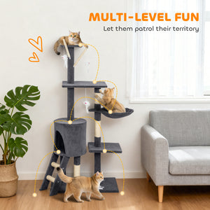 Cat tree with scratching posts, cat house, perches, ladder, hammock, hanging toys, dark grey