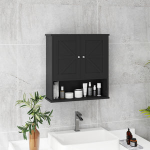 Armoire à pharmacie de salle de bain avec portes de grange et étagère réglable, noire