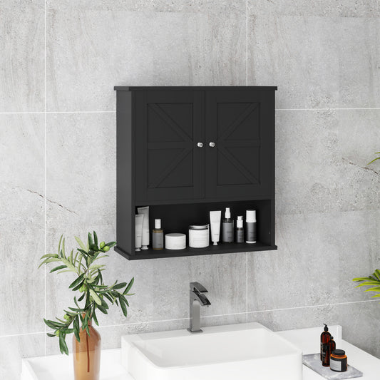Armoire à pharmacie de salle de bain avec portes de grange et étagère réglable, noire