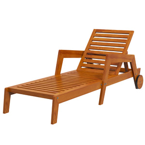 Wood Lounge Chair Outdoor Tanning Chair with Wheels, 3-Position Adjustable Backrest and Armrests, Orange