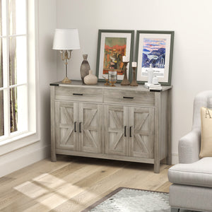 Meuble d'appoint style ferme avec 2 tiroirs et étagères, gris