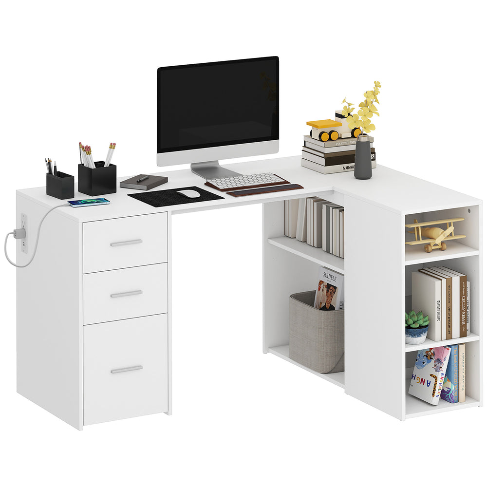 Bureau en L 55 po avec prises et tiroirs, blanc