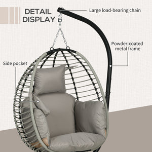 Outdoor Hanging Egg Chair with Thick Padded Cushion, Patio Swing Chair, Grey