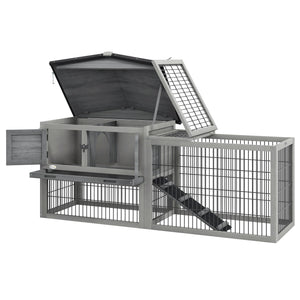 Wooden hutch with ramp, opening roof, and pull-out tray, light gray