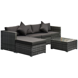 6 Pieces Outdoor PE Rattan Wicker Patio Furniture Sofa Set with Thick Cushions, Deluxe Garden Sectional Couch with Glass Top Table, Mixed Grey and Charcoal