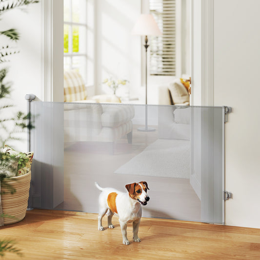 Retractable barrier extendable up to 140 cm wide and 86 cm high, for stairs, doors, corridors, interior and exterior, gray