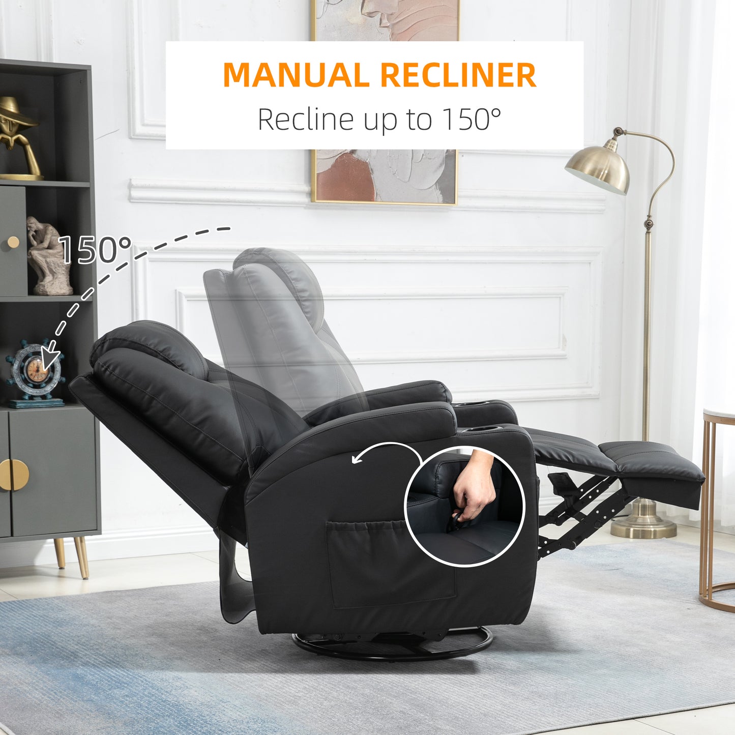 Fauteuil massant inclinable à bascule pivotant avec 8 points de vibration, cuir synthétique, porte-gobelets, poches latérales, noir