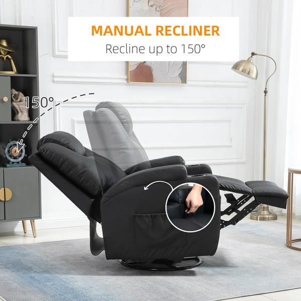 Fauteuil massant inclinable à bascule pivotant avec 8 points de vibration, cuir synthétique, porte-gobelets, poches latérales, noir