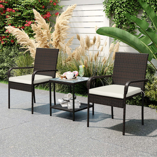 Outsunny 3 Piece Wicker Garden Furniture Set with Stackable Chairs, Washable Cushion, Tempered Glass Top, for Outdoor, Brown