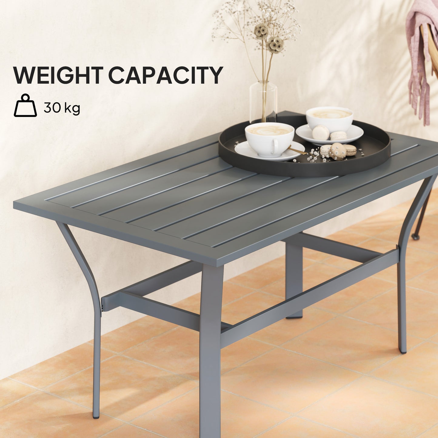 Outsunny Outdoor Side Table with Slatted Top, Metal Coffee Table for Garden and Balcony, Dark Grey