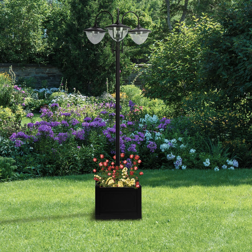 Lampadaire solaire à 3 LED avec jardinière, noir