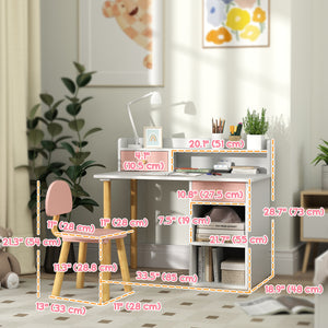 Kids Study Table and Chair Set with Storage and Shelves, for 3-8 Year Olds, Pink