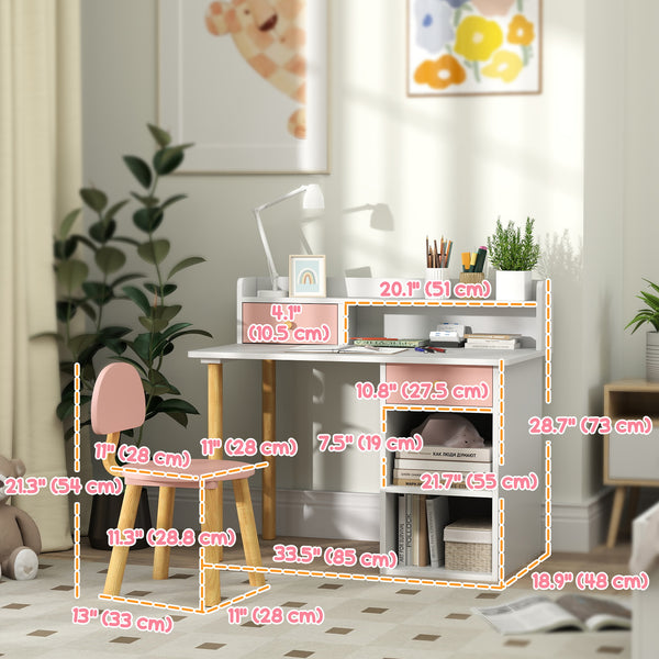 Kids Study Table and Chair Set with Storage and Shelves, for 3-8 Year Olds, Pink