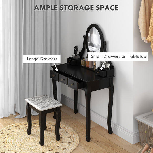 Coiffeuse avec tabouret et miroir ovale rotatif à 360°, noire
