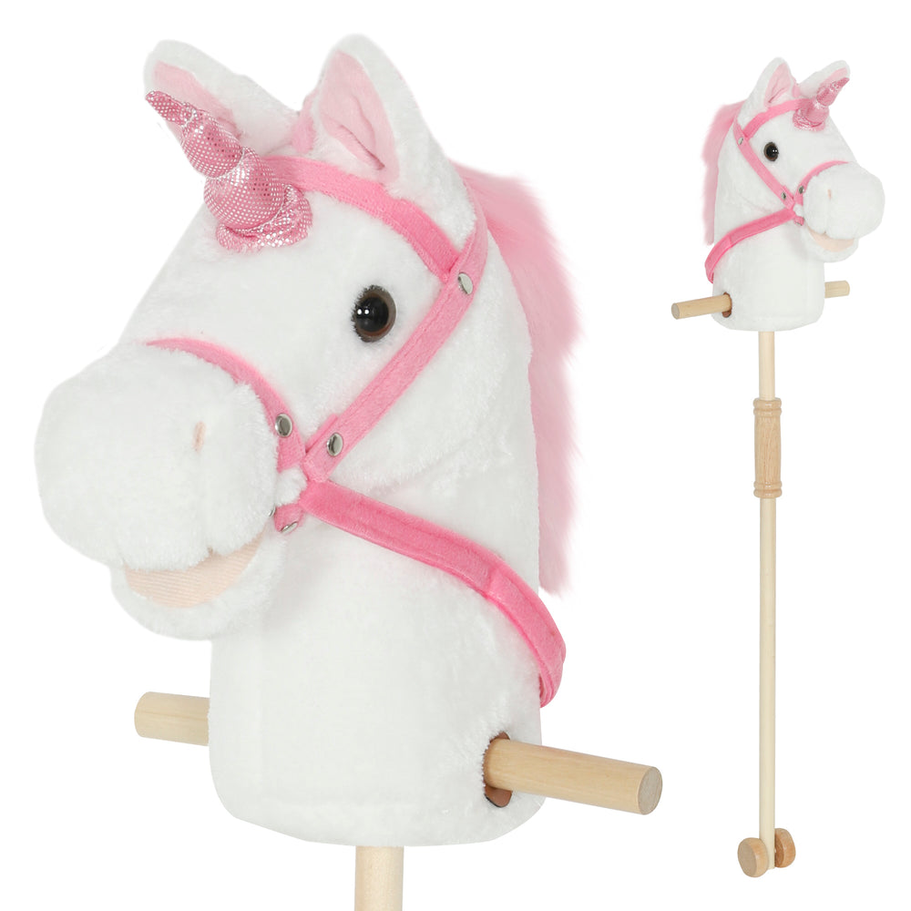 Licorne en peluche avec roues en bois, sons de hennissement et de galop, blanc