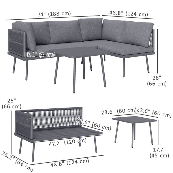 Ensemble de mobilier de jardin 3 pièces en résine tressée en forme de L avec coussins, gris