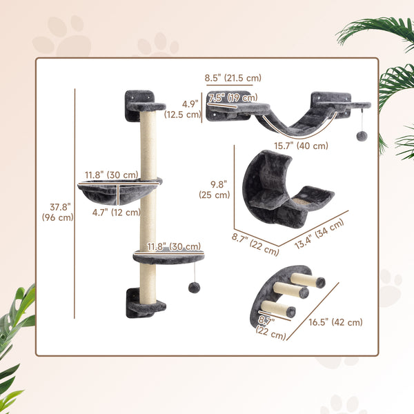 Mur d'escalade pour chat avec griffoir, balles et plateformes, gris foncé