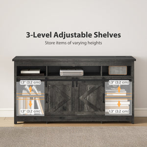 Meuble TV avec prises de courant, portes coulissantes et étagères réglables, gris foncé