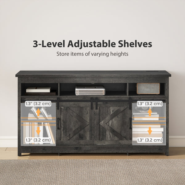 Meuble TV avec prises de courant, portes coulissantes et étagères réglables, gris foncé