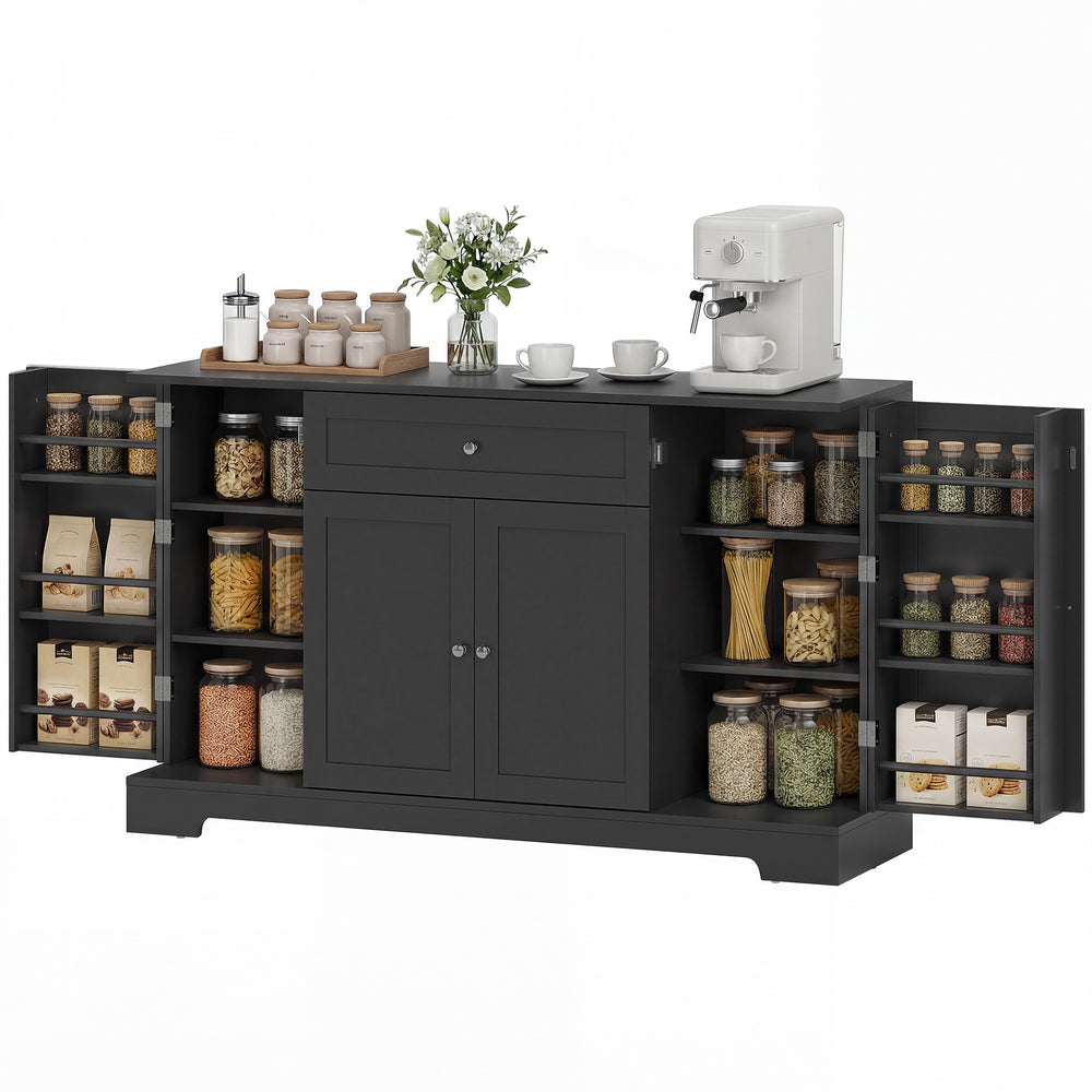 Meuble de rangement de cuisine moderne avec tiroir, étagères réglables avec supports de porte, noir