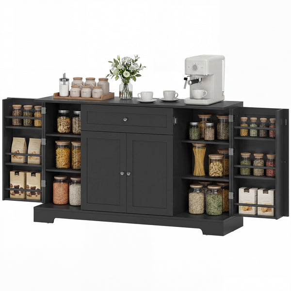Meuble de rangement de cuisine moderne avec tiroir, étagères réglables avec supports de porte, noir