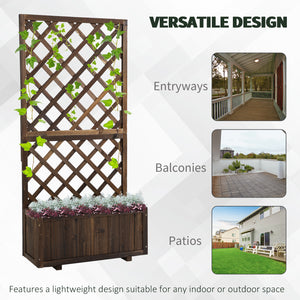 Raised planter in solid pine with integrated trellis, carbonized finish