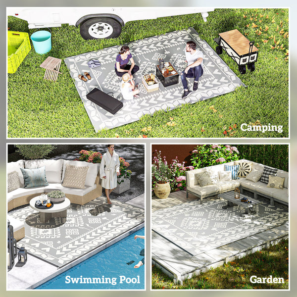 Tapis d'extérieur 9' x 12' pour camping-car, tapis de sol réversible avec sac de transport, motif patchwork losanges, gris et blanc