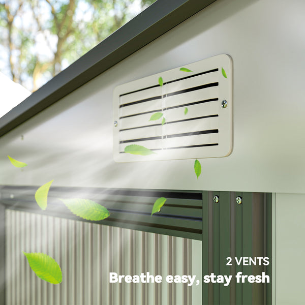 Abri de jardin adossé en métal avec fondation, porte coulissante et 2 aérations, blanc