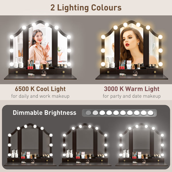 Coiffeuse avec tabouret, 10 lumières LED, 5 tiroirs et 3 compartiments, noir