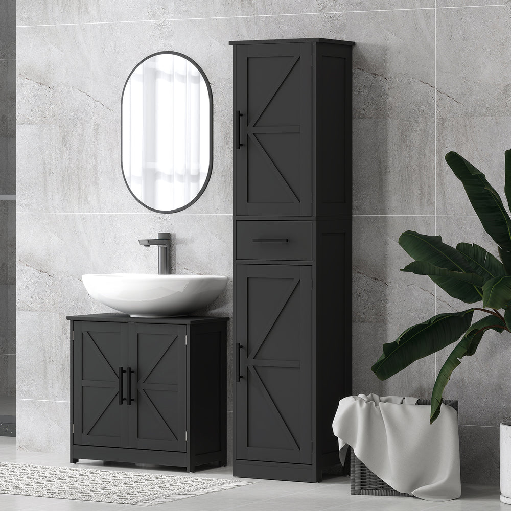 Meuble de salle de bain 170 cm de haut avec tiroir, portes de grange et étagères réglables, noir
