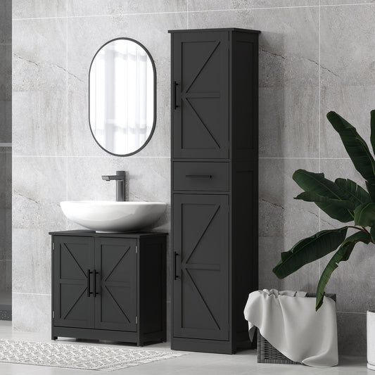 Meuble de salle de bain 170 cm de haut avec tiroir, portes de grange et étagères réglables, noir