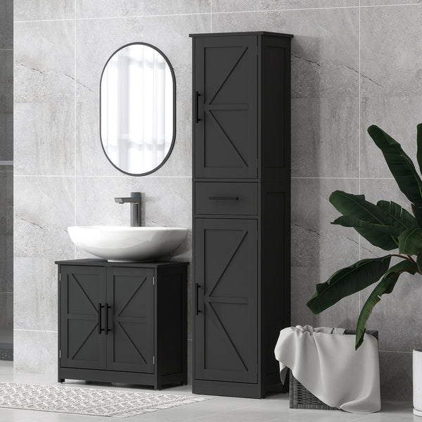 Meuble de salle de bain 170 cm de haut avec tiroir, portes de grange et étagères réglables, noir