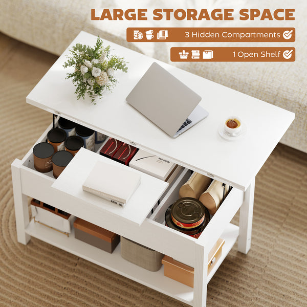 Table basse relevable extensible avec double plateau et rangement intégré, blanc