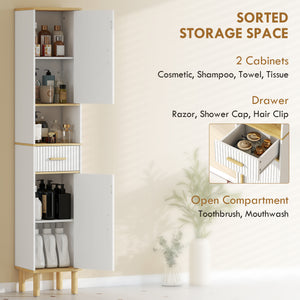 Tall bathroom storage cabinet with drawer, adjustable shelves, open compartment, white