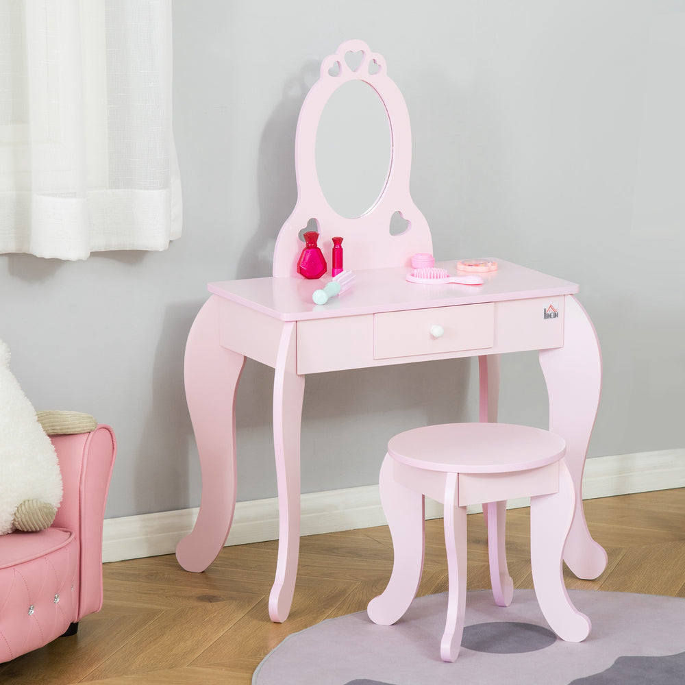 Coiffeuse pour enfants avec miroir et tabouret, rose
