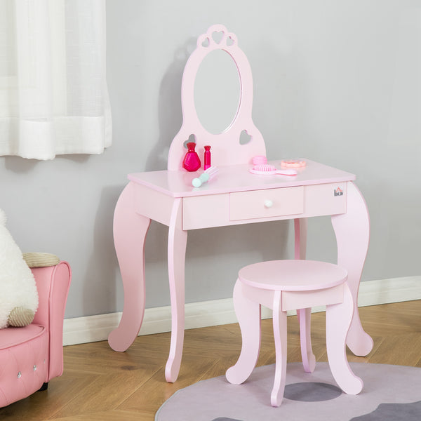 Coiffeuse pour enfants avec miroir et tabouret, rose
