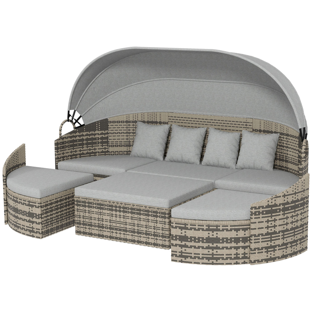Ensemble de 4 chaises longues rondes en osier PE pour patio, llit de repos, gris clair