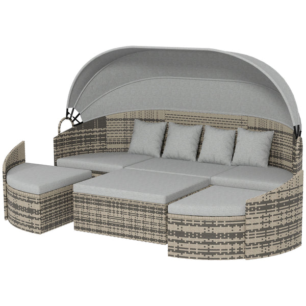 Ensemble de 4 chaises longues rondes en osier PE pour patio, llit de repos, gris clair