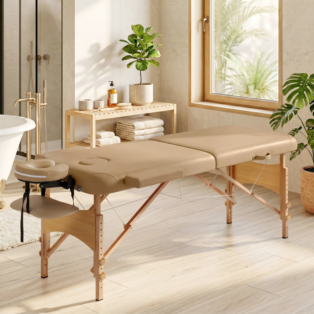 Table de massage pliante professionnelle réglable sur 9 niveaux avec accessoires – Brun pâle