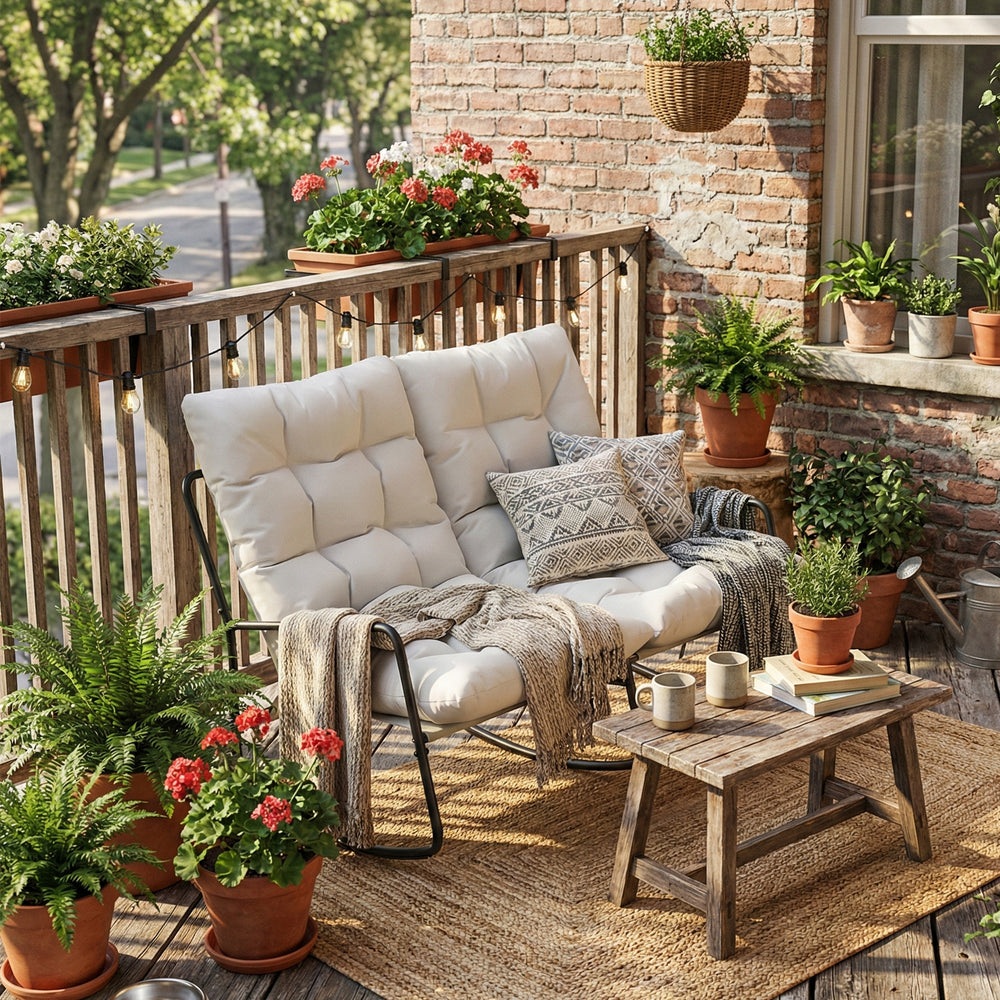 Fauteuil à bascule d'extérieur à bascule pour 2 personnes avec coussins et assise en maille, gris clair