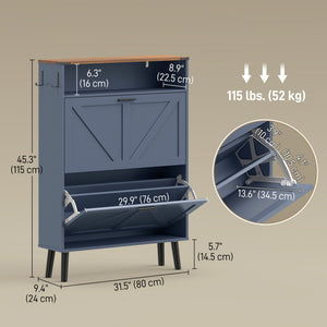 Shoe cabinet with 2 tilt-out drawers, country style, narrow, holds up to 16 pairs, blue
