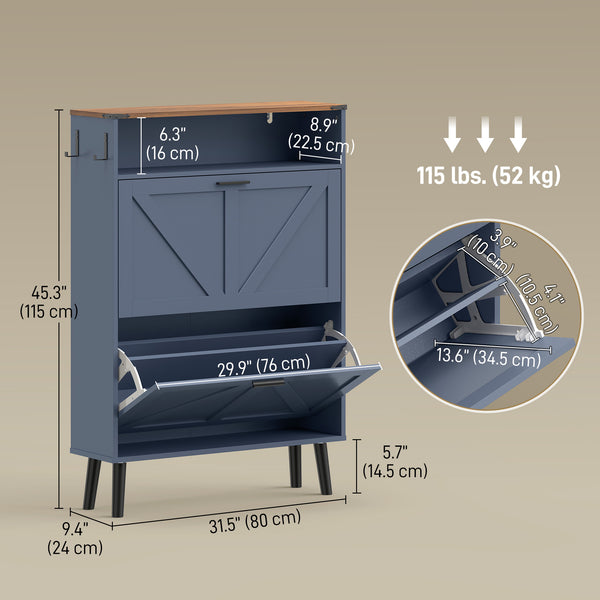 Shoe cabinet with 2 tilt-out drawers, country style, narrow, holds up to 16 pairs, blue